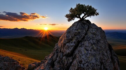 Sunset Majesty: A lone tree clings tenaciously to a rocky outcrop, silhouetted against a breathtaking sunset over rolling hills and mountains. The sun's rays burst forth.