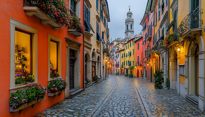 Fototapeta premium Colorful Italian cobblestone street, morning, church background, travel postcard.
