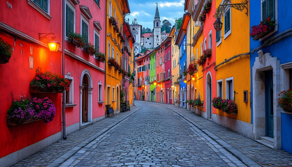 Fototapeta premium Colorful Italian Street, Cobblestone Road, Hilltop Church, Dawn, Travel Poster.