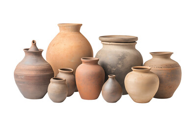 Group of clay pots isolated on transparent background. PNG file, cut out 