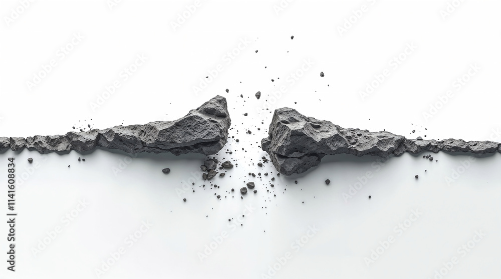Poster abstract white background with exploding pieces of rocks and stones . generative ai