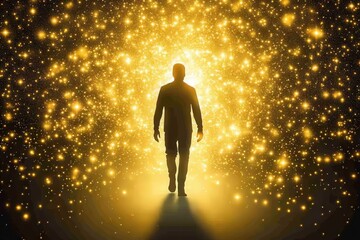 A silhouette of a man walks toward a radiant, golden light amidst a starry backdrop, symbolizing hope and enlightenment.