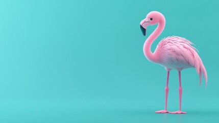 Fototapeta premium Pink flamingo stands against a blue background.