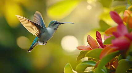 Fototapeta premium A hummingbird perched on a branch near vibrant pink flowers with blurred green background