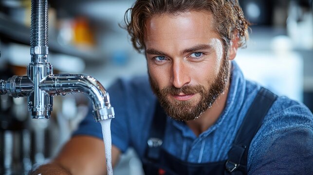Close-up portrait of a handsome plumber with water running from a faucet.