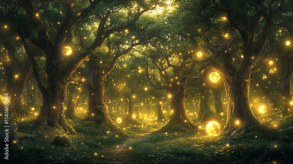 Poster enchanted forest path glowing orbs illuminate magical trees, creating a fantasy background ideal for