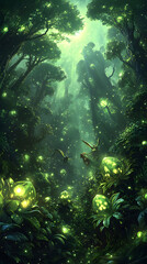 Fototapeta premium Enchanted Forest Glowing Fungi, Creatures Flying, Sunbeams, Lush Greenery, Fantasy Game Background.