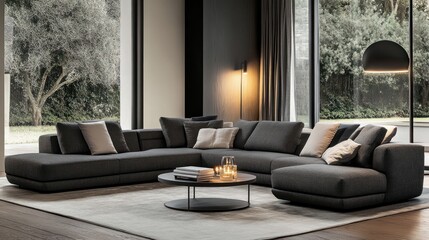 Modern living room with large sectional sofa, rug and lamp.