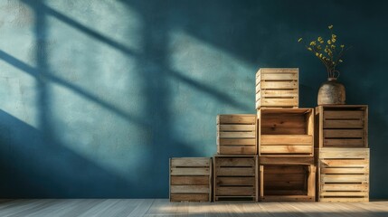 Neatly stacked wooden crates creating a rustic aesthetic, softened by a blue-toned wall and gentle lighting.