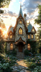Fairytale Stone House Sunset Forest Path.