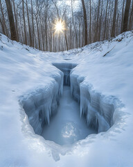 Obraz premium Frozen stream winter forest sunlight landscape photography nature background.