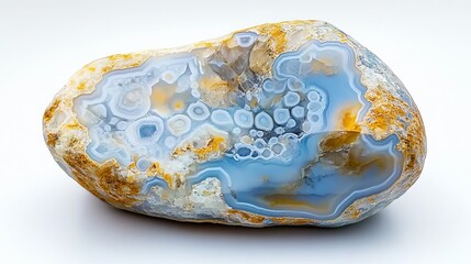 This is a picture of a holly blue agate stone. It has beautiful blue and gold patterns, and there are also some white crystals in it.
