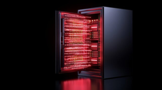 Advanced data center storage cabinet with glowing LED displays showcasing futuristic technology and secure server management for digital assets in a sleek design