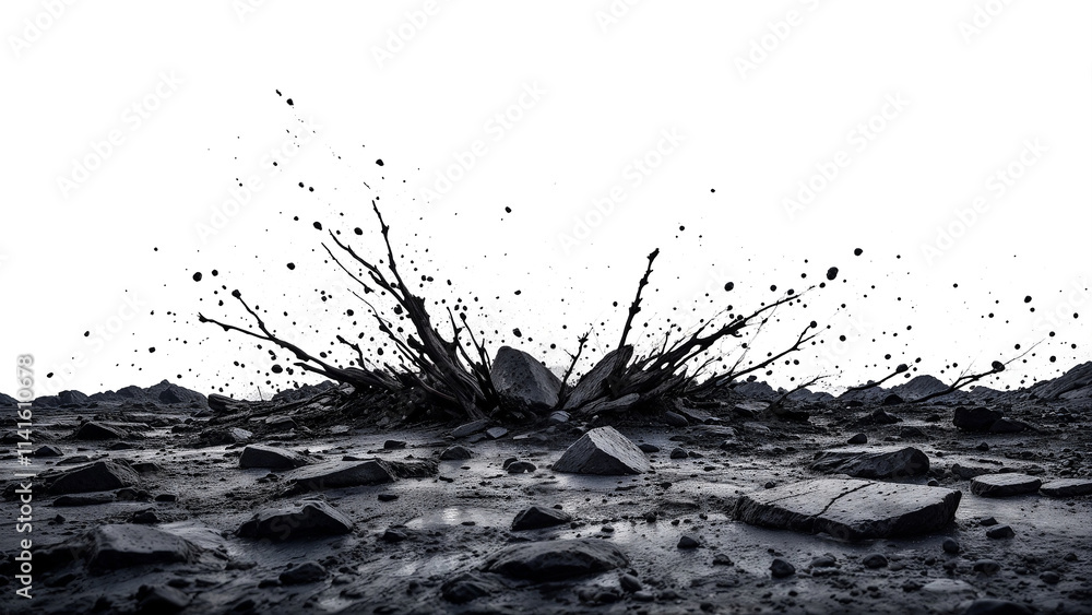 Poster abstract white background with exploding pieces of rocks and stones . generative ai