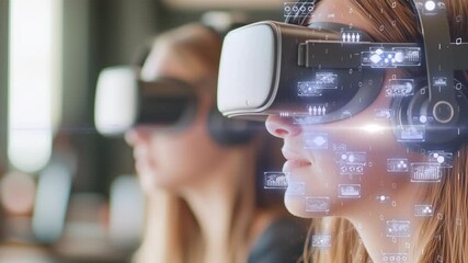 Immersive VR experience concept, woman smiling while wearing high-tech VR headset - Powered by Adobe