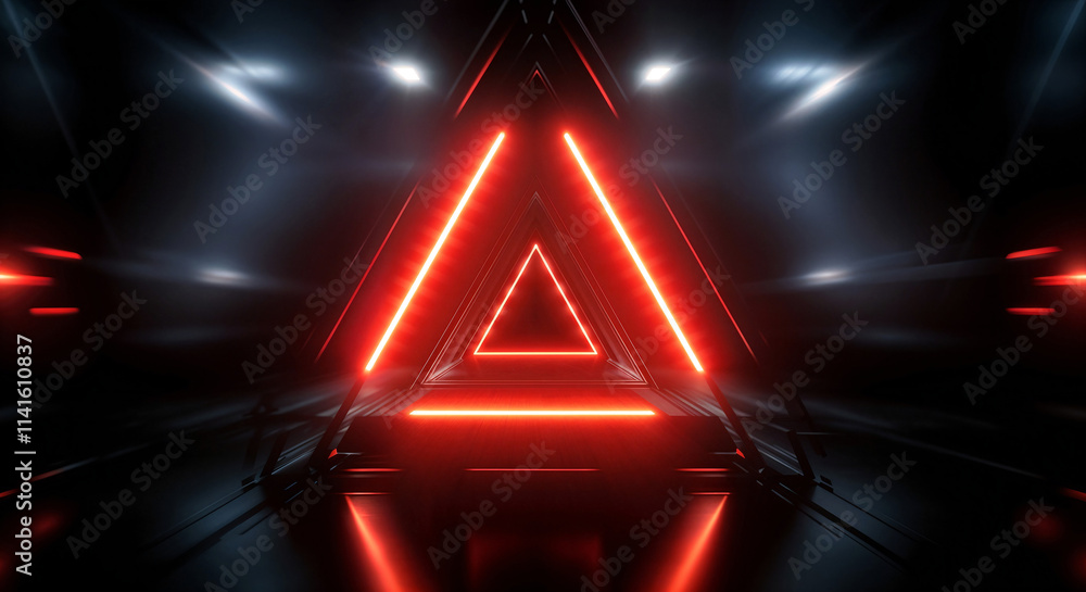 Poster dark abstract tech background with triangle neon shapes . generative ai