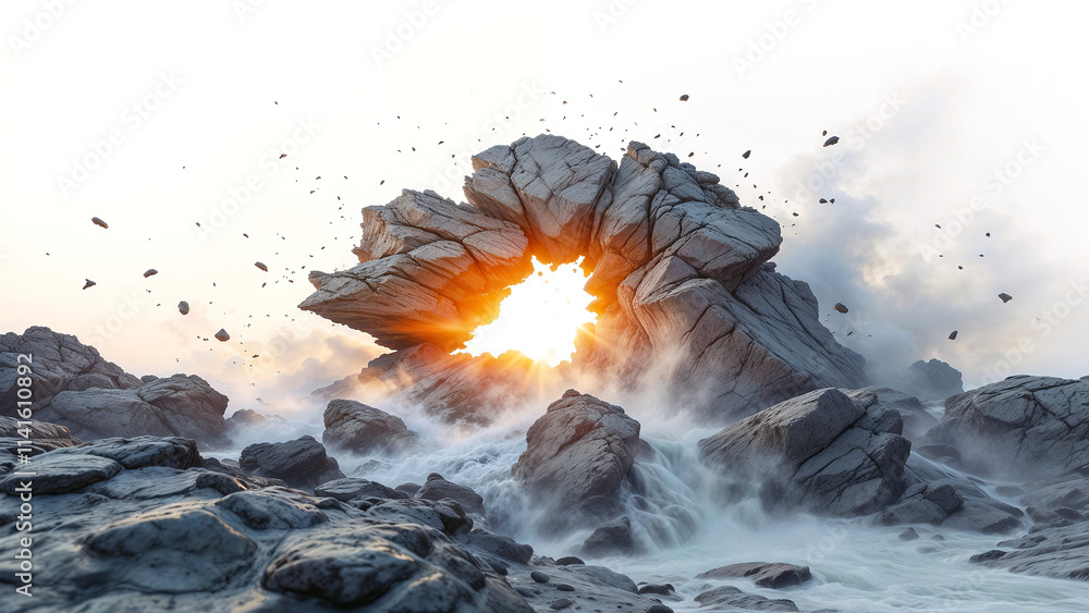 Poster abstract white background with exploding pieces of rocks and stones . generative ai