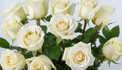 Obraz premium white rose flower and eucalyptus bouquet in girls hand isolated on white background. Flat lay, top view. 3