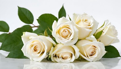 white rose flower and eucalyptus bouquet in girls hand isolated on white background. Flat lay, top view. 2