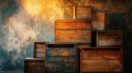 Rustic wooden crates stacked decoratively against a vintage background with warm lighting.