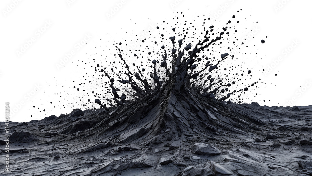 Poster abstract white background with exploding pieces of rocks and stones . generative ai