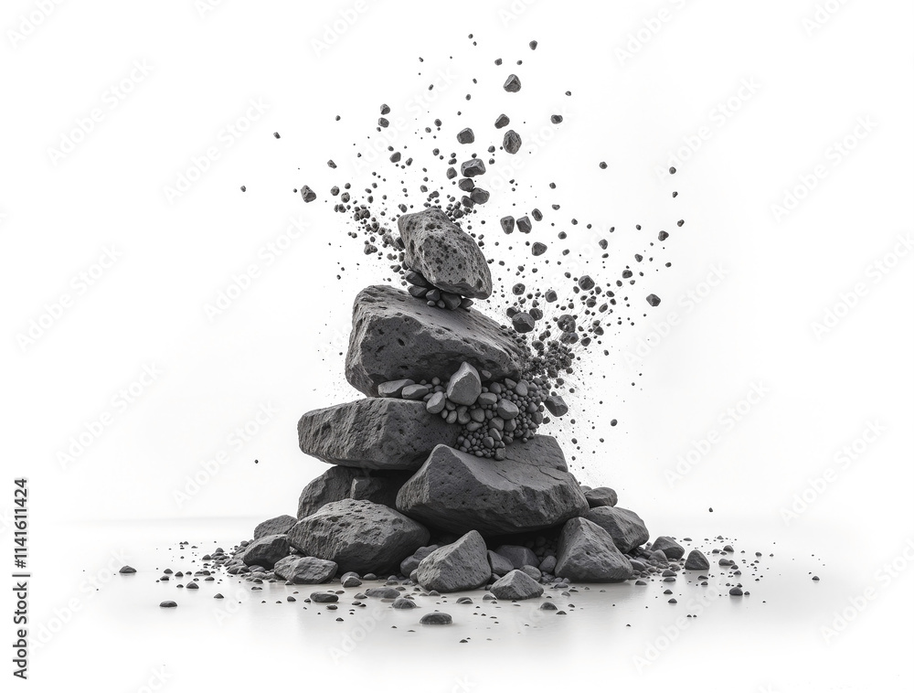 Poster abstract white background with exploding pieces of rocks and stones. generative ai