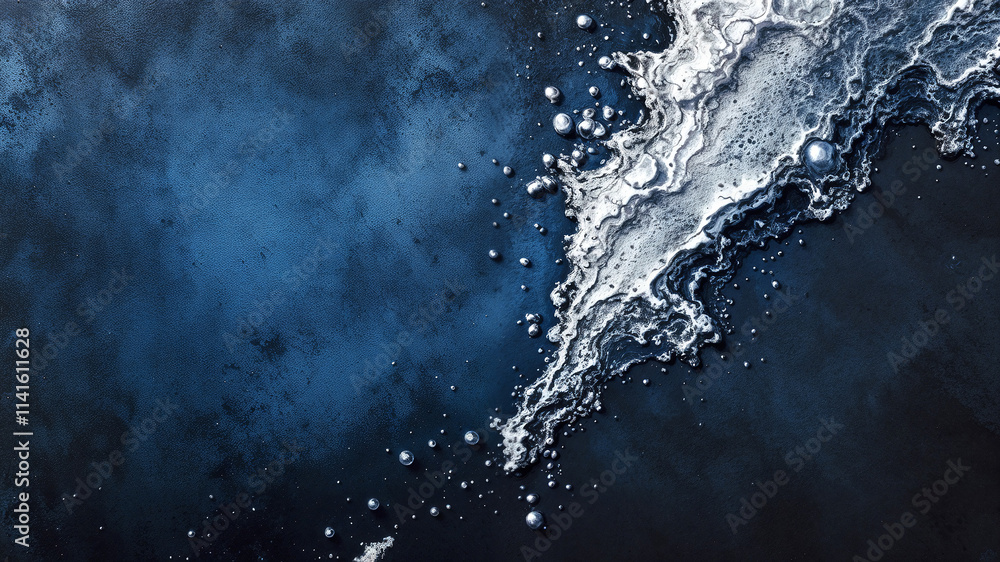 Poster abstract blue background with white paint splashes with empty space for text . generative ai