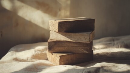 Stacked wooden boxes on a soft, textured surface with gentle shadows and natural light.