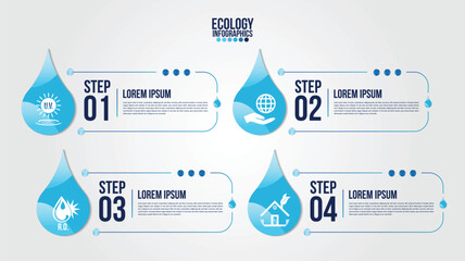 Infographics eco water timeline blue design elements process 4 steps or options parts with drop of water. Ecology organic nature vector business template for presentation.