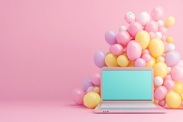 A sleek laptop with a mint green screen rests against a backdrop of pastel balloons, evoking a playful atmosphere