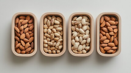 Top view of almonds, cashews, and pistachios in wooden containers, displayed neatly on a plain background.