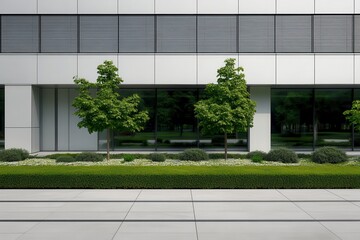 Modern Urban Landscape Featuring Symmetrical Trees and Clean Lines in Front of a Contemporary Commercial Building with Reflections on Glass Windows