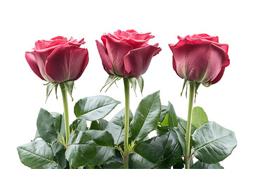 Obraz premium 3 red roses with green leaves, isolated on a transparent background.