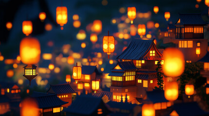 A 2D city lit by floating 3D lanterns casting vibrant shadows