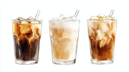 Watercolor of ice coffee in glass,americano coffee,iced cold brew coffee in plastic takeout cup,Ice latte,Drink element,menu Hot and cold coffee beverage,promotion, marketing, banner.