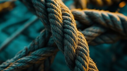 Fototapeta premium Close-up of a Thick Braided Rope: Texture and Detail in Golden Hour
