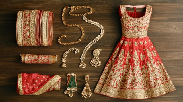 Traditional red and gold bridal lehenga with detailed zardozi work, paired with ornate jewelry, flat lay style.