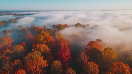 A stunning aerial view of vibrant autumn trees shrouded in morning mist, creating a serene and picturesque landscape.