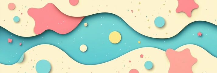 Abstract layered background with shapes and dots.