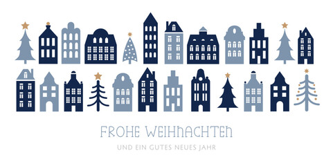 Weihnachten Gru&szlig;karte - deutscher Text - dekorative Altstadt mit Weihnachtsb&auml;umen und Sternen in Winterlandschaft - blau und gold auf wei&szlig;em Hintergrund