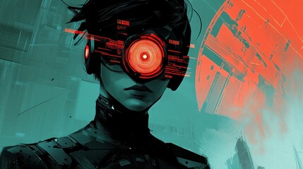 Futuristic figure with red glowing eye, technology overlay.