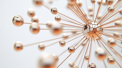 Abstract gold sphere structure with radiating rods and bokeh.