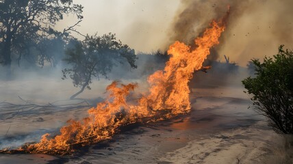Fototapeta premium A wildfire jumping across a dry riverbed, with flames scorching everything in its path