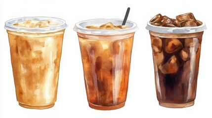 Watercolor of ice coffee in glass,americano coffee,iced cold brew coffee in plastic takeout cup,Ice latte,Drink element,menu Hot and cold coffee beverage,promotion, marketing, banner.