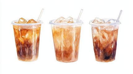 Watercolor of ice coffee in glass,americano coffee,iced cold brew coffee in plastic takeout cup,Ice latte,Drink element,menu Hot and cold coffee beverage,promotion, marketing, banner.