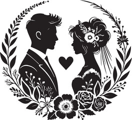 Black and white silhouette of a groom and bride