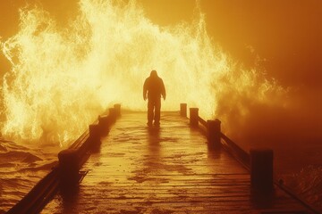 Fototapeta premium A silhouetted figure walks confidently on a pier as flames rise dramatically behind, illuminating the scene with an orange glow.
