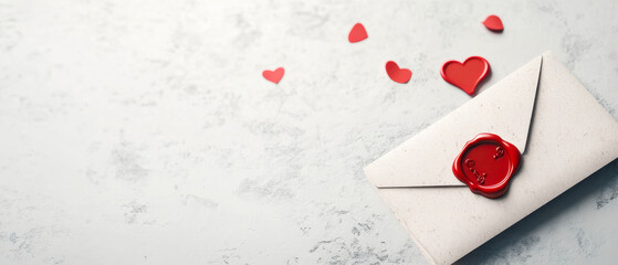 A romantic envelope with a wax seal, surrounded by red hearts, symbolizing love and affection on a textured background.