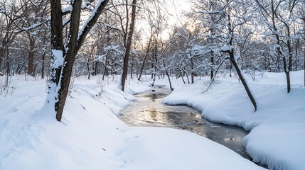A tranquil winter scene with snow-covered trees, delicate snowflakes, and an air of calmness,