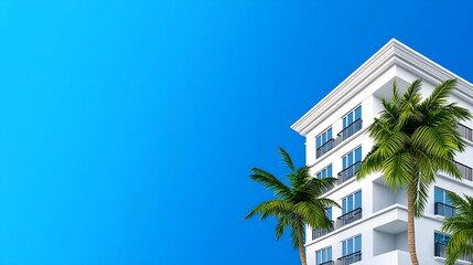 Modern White Building with Palm Trees Against a Clear Blue Sky, Representing Tropical Real Estate, Luxury Living, and Vacation Destination